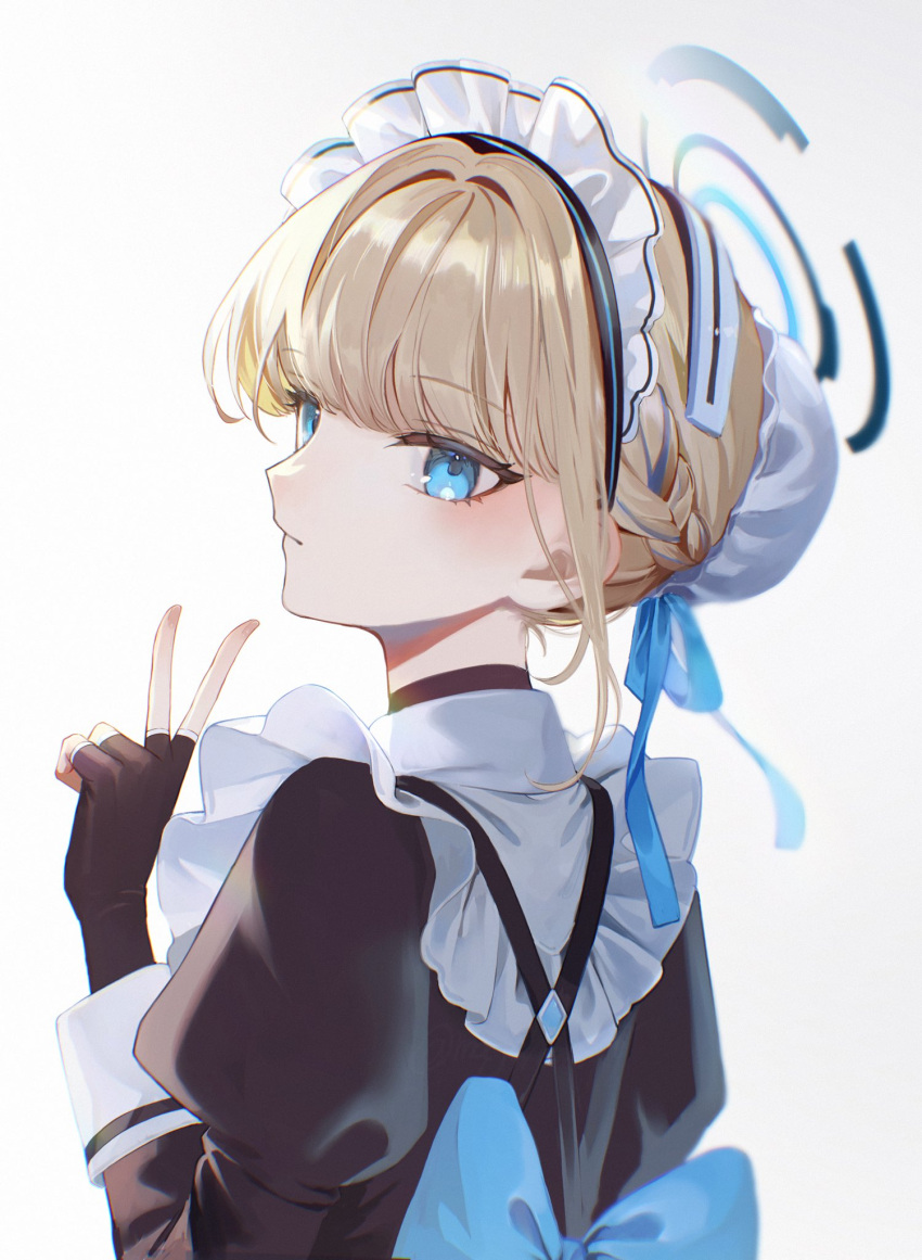 apron back_bow black_dress black_gloves blonde_hair blue_archive blue_eyes blush bow bun_cover dress fingerless_gloves gloves hair_intakes halo harness highres juliet_sleeves long_sleeves looking_at_viewer looking_back magako maid maid_headdress pinafore_dress puffy_sleeves simple_background toki_(blue_archive) v white_apron white_background
