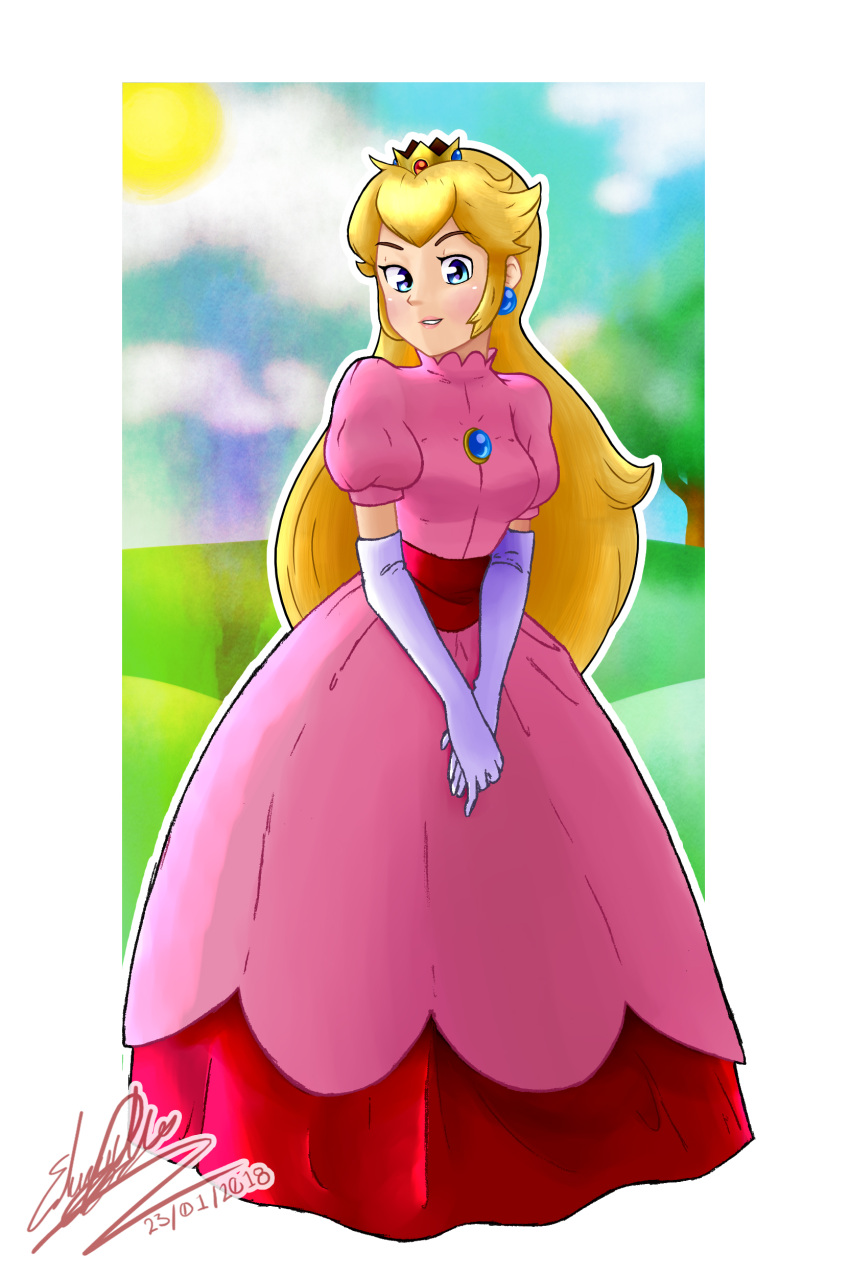 1girl absurdres artist_request blonde_hair blue_eyes breasts crown deviantart dress earrings elbow_gloves full_body gloves high_heels highres jewelry large_breasts long_hair mario_(series) pink_dress princess_peach retro_artstyle solo white_gloves