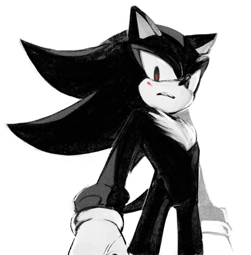 1boy animal_ears animal_nose blood blood_on_face body_fur bracelet furry furry_male gloves greyscale hedgehog hedgehog_ears hedgehog_tail highres jewelry looking_at_viewer male_focus monochrome nisibo25 open_mouth shadow_the_hedgehog simple_background solo sonic_(series) standing tail teeth tongue white_background