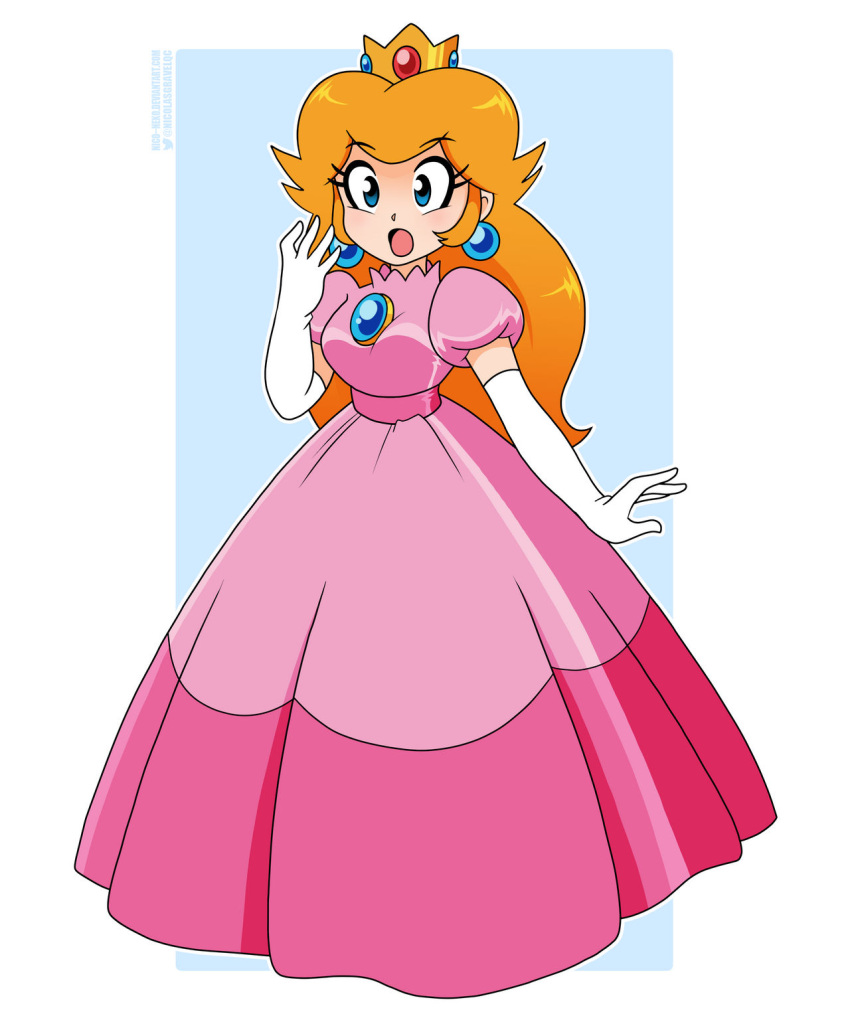 1girl artist_request blonde_hair blue_eyes breasts crown deviantart dress earrings elbow_gloves full_body gloves high_heels highres jewelry large_breasts long_hair mario_(series) non-web_source pink_dress princess_peach retro_artstyle solo white_gloves