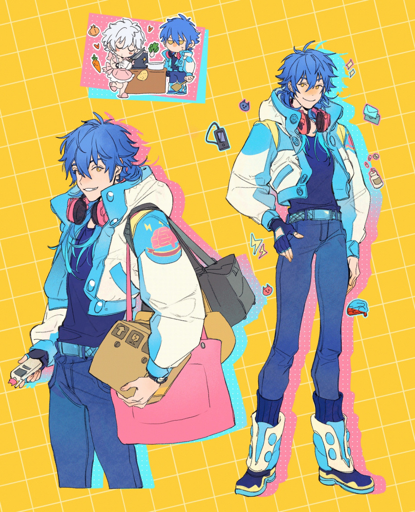 2boys absurdres blue_hair blue_jacket chibi clear_(dramatical_murder) closed_eyes dramatical_murder grid_background highres jacket lenereco long_hair long_sleeves male_focus multicolored_background multicolored_clothes multicolored_jacket multiple_boys seragaki_aoba white_background white_hair white_jacket yellow_background yellow_eyes