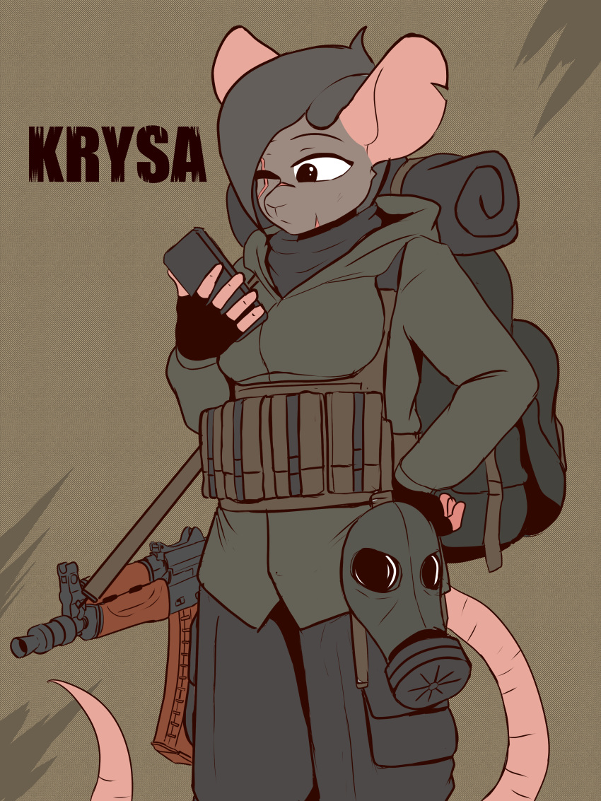 2023 absurd_res ak-74 anthro backpack breasts clothed clothing female fingerless_gloves gas_mask gloves grey_hair hair hand_on_hip handwear hi_res hoodie krysa_(the_man) mammal mask murid murine one_eye_closed portrait rat rodent s.t.a.l.k.e.r. scar sling solo three-quarter_portrait topwear