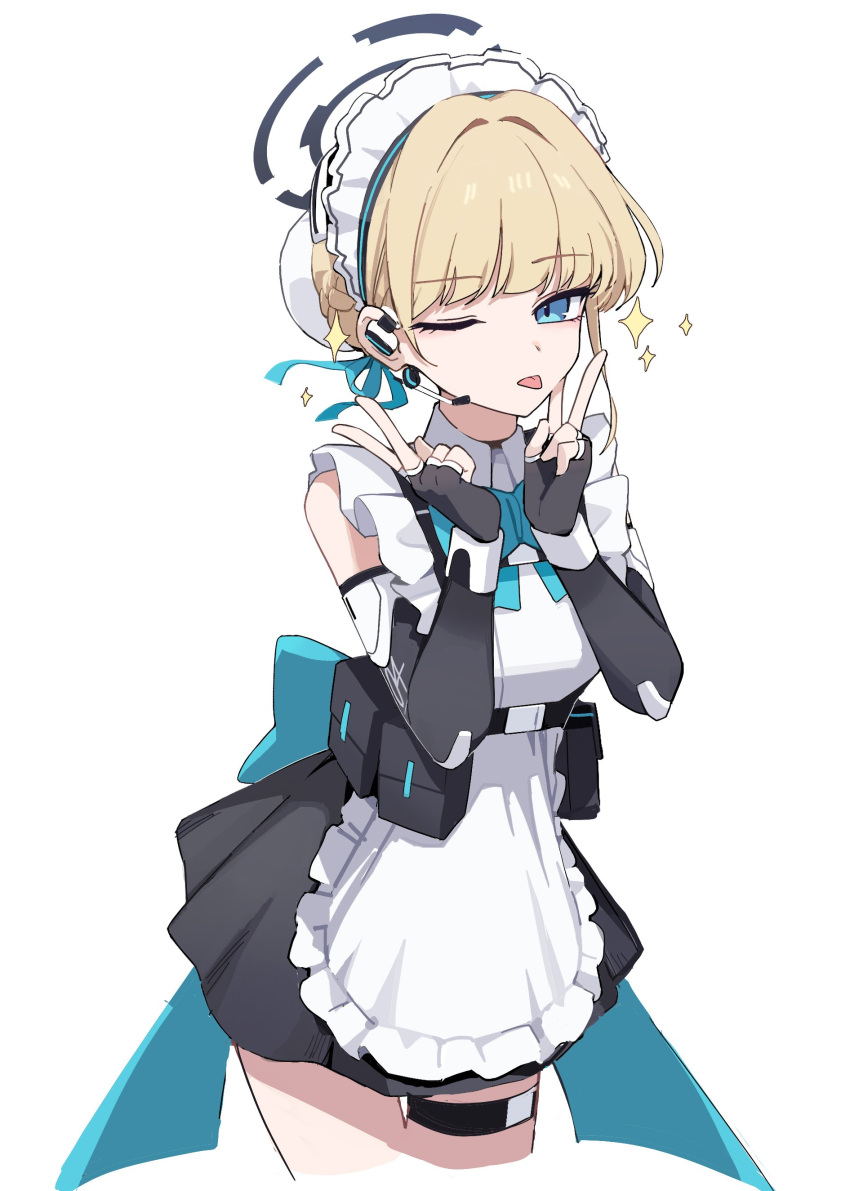 1girl absurdres apron bangs belt black_dress black_gloves blonde_hair blue_archive blue_eyes bow bowtie breasts bun_cover closed_mouth cropped_legs double_v dress earpiece elbow_gloves fingerless_gloves gloves hair_bun halo hands_up highres looking_at_viewer maid_apron maid_headdress one_eye_closed pouch short_hair simple_background sleeveless sleeveless_dress small_breasts solo sparkle tanosii_chan thigh_strap toki_(blue_archive) tongue tongue_out utility_belt v white_background