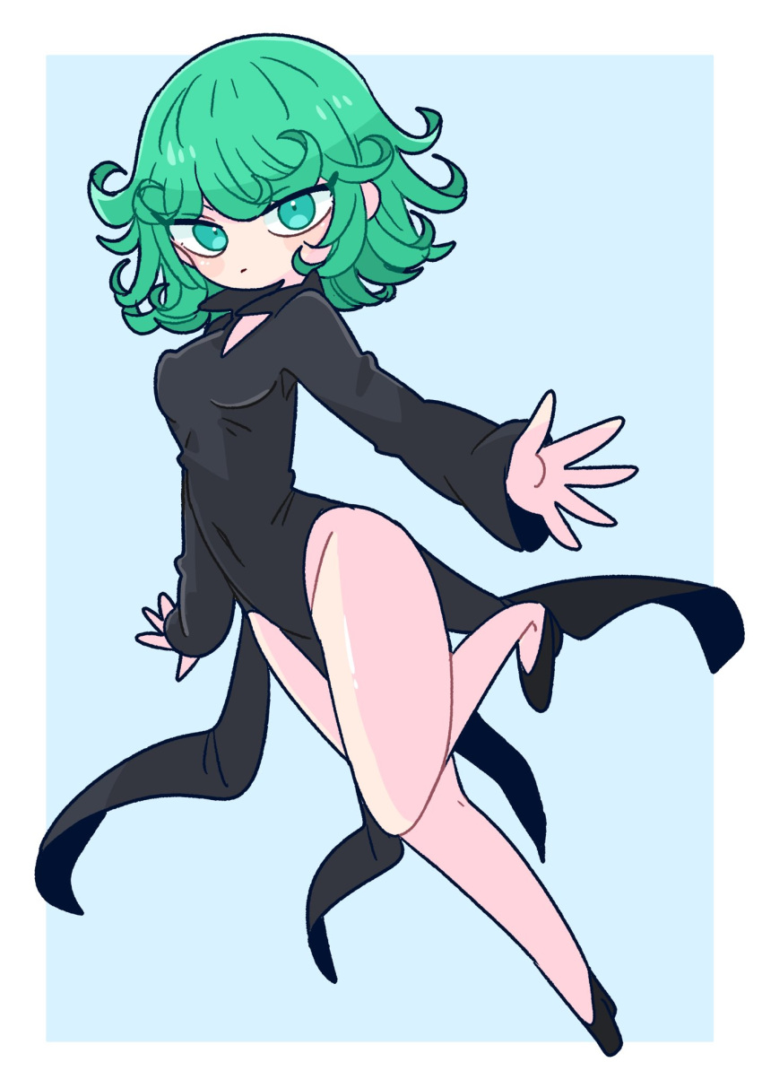 1girl ahoge bangs black_dress breasts collared_dress curly_hair dress green_eyes green_hair highres one-punch_man op_na_yarou short_hair side_slit small_breasts solo tatsumaki