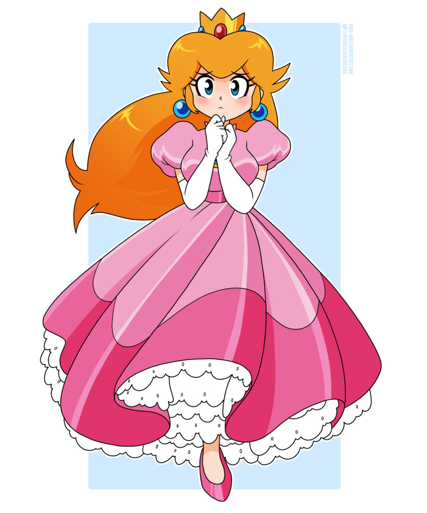 1girl artist_request blonde_hair blue_eyes breasts crown deviantart dress earrings elbow_gloves full_body gloves high_heels highres jewelry large_breasts long_hair mario_(series) non-web_source pink_dress princess_peach retro_artstyle solo white_gloves