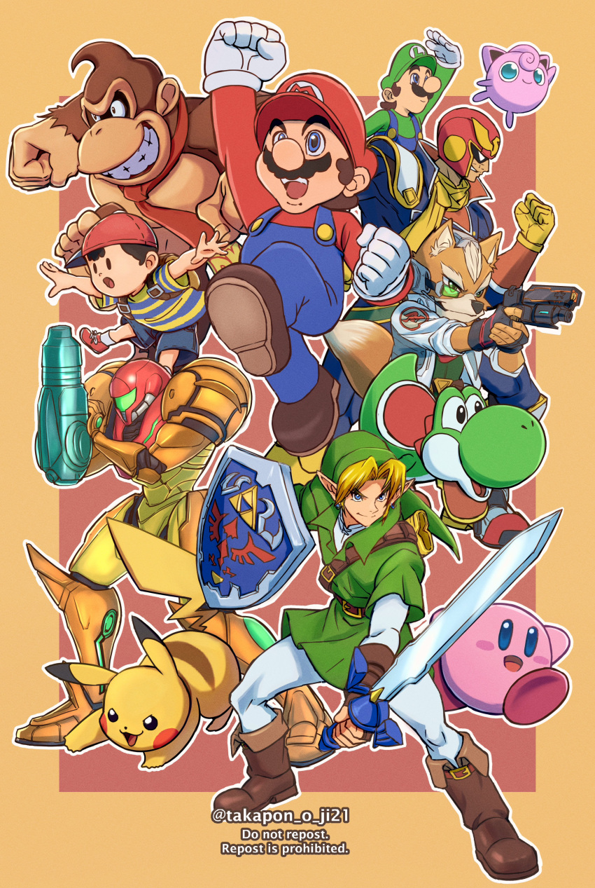 1girl 6+boys absurdres animal captain_falcon donkey_kong donkey_kong_(series) everyone f-zero fox_mccloud full_body green_tunic gun highres holding holding_gun holding_weapon jigglypuff jumping kirby kirby_(series) link looking_to_the_side luigi mario mario_(series) master_sword metroid mother_(game) mother_2 multiple_boys ness_(mother_2) pikachu pokemon pokemon_(creature) pokemon_(game) power_suit_(metroid) samus_aran shield simple_background star_fox super_smash_bros. takapon-o-ji the_legend_of_zelda the_legend_of_zelda:_ocarina_of_time twitter_username weapon yoshi