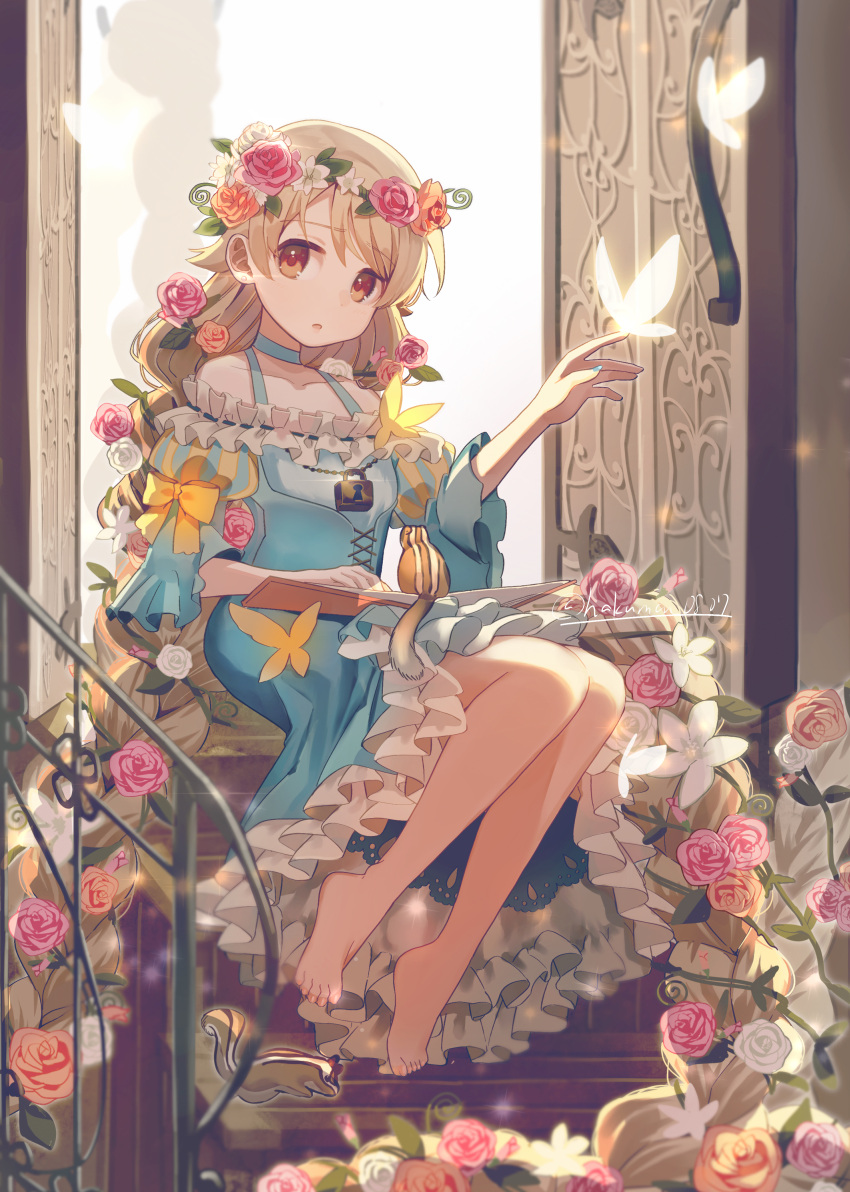 1girl absurdly_long_hair absurdres architecture barefoot blue_dress book book_on_lap brown_eyes brown_hair bug butterfly chipmunk commentary_request dress flower frilled_dress frills hair_flower hair_ornament hand_up head_wreath highres idolmaster idolmaster_cinderella_girls lock long_hair looking_at_viewer morikubo_nono open_book open_mouth orange_flower orange_rose pink_flower pink_rose rose shisui_(5830217) short_sleeves sitting solo squirrel stairs very_long_hair white_flower white_rose