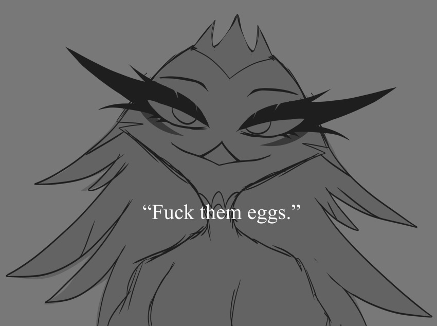 anthro avian bird crown eyelashes female fur grey_background grey_body grey_fur grey_hair hair headgear helluva_boss hi_res long_eyelashes long_hair looking_at_viewer owl owl_demon profanity quotation_marks quote simple_background smile solo stella_(helluva_boss) teathekook text white_text