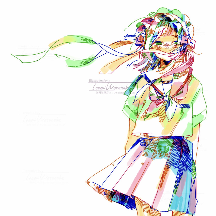 1girl arms_at_sides artist_name bangs blush bow colorful commentary_request covered_mouth cowboy_shot floating_clothes hairband highres lolita_hairband looking_at_viewer medium_hair neckerchief original pen_(medium) pleated_skirt ribbon sailor_collar sailor_shirt school_uniform serafuku shirt short_sleeves signature simple_background skirt solo standing straight-on tmari traditional_media watermark white_background wind