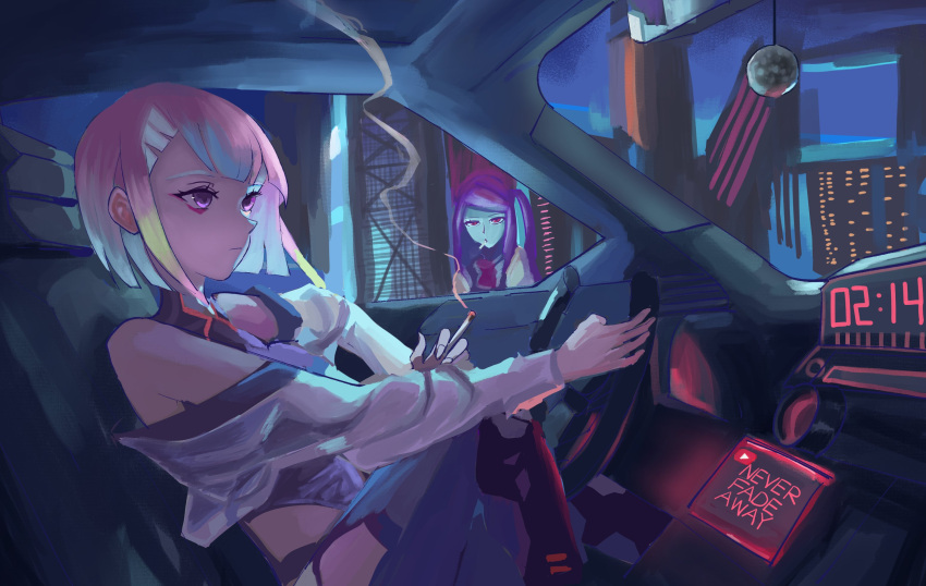 2girls billboard cigarette cityscape clock crossover cyberpunk cyberpunk_(series) cyberpunk_edgerunners cyborg digital_clock driving emptiart english_text highres holding holding_cigarette jill_stingray multiple_girls night short_hair smoking va-11_hall-a