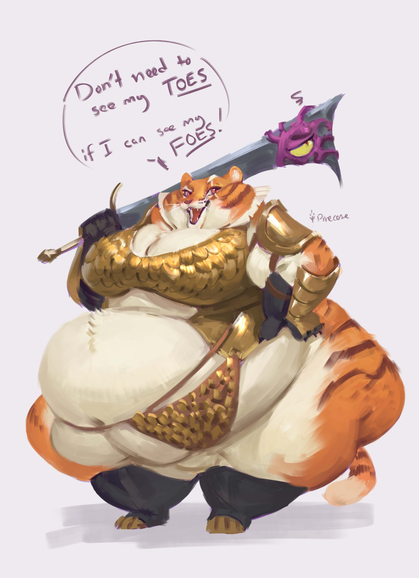 absurd_res anthro armor big_breasts boots breasts chubby_cheeks claymore clothing dialogue digital_media_(artwork) digital_painting_(artwork) english_text felid female footwear gauntlets gloves handwear hi_res holding_object holding_sword holding_weapon huge_belly huge_hips huge_thighs mammal melee_weapon obese obese_anthro obese_female overweight overweight_anthro overweight_female pantherine pineconedraws short shoulder_pads speech_bubble sword talking_to_viewer text thick_calves thick_thighs tiger unconvincing_armor weapon