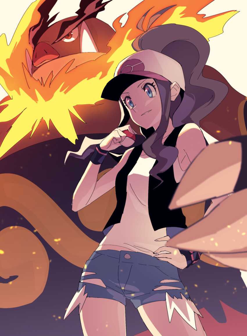 1girl 1other baseball_cap black_vest blue_eyes brown_hair commentary cowboy_shot curly_hair cutoffs denim denim_shorts emboar exposed_pocket from_below hat high_ponytail highres hilda_(pokemon) hoyon long_hair poke_ball poke_ball_(basic) pokemon pokemon_(creature) pokemon_(game) pokemon_bw shirt short_shorts shorts sidelocks sleeveless sleeveless_shirt vest white_shirt wristband