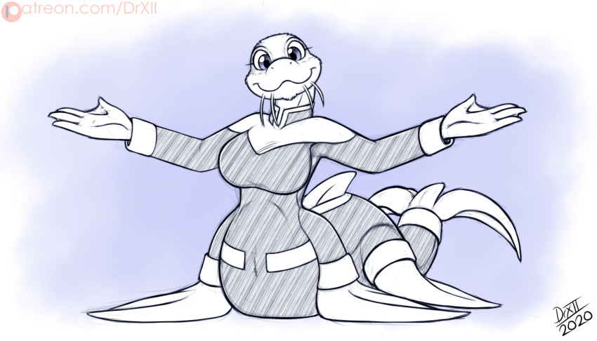 anthro breasts clothing digital_media_(artwork) dorsal_fin drxii female fin flippers fur looking_at_viewer mammal marine marine_taur membrane_(anatomy) simple_background smile solo tail taur uniform webbed_hands