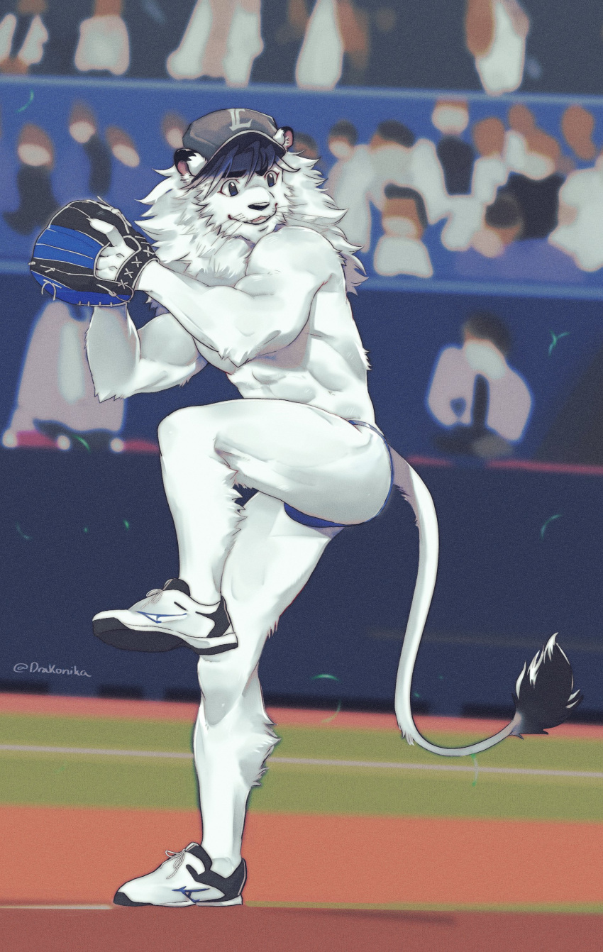 absurd_res anthro athletic athletic_male baseball_cap baseball_glove clothing drakonika123 felid footwear fur hat headgear headwear hi_res leo_(saitama_seibu_lions) lion male mammal mascot nippon_professional_baseball pantherine saitama_seibu_lions shoes sneakers solo thong underwear whiskers white_body white_fur