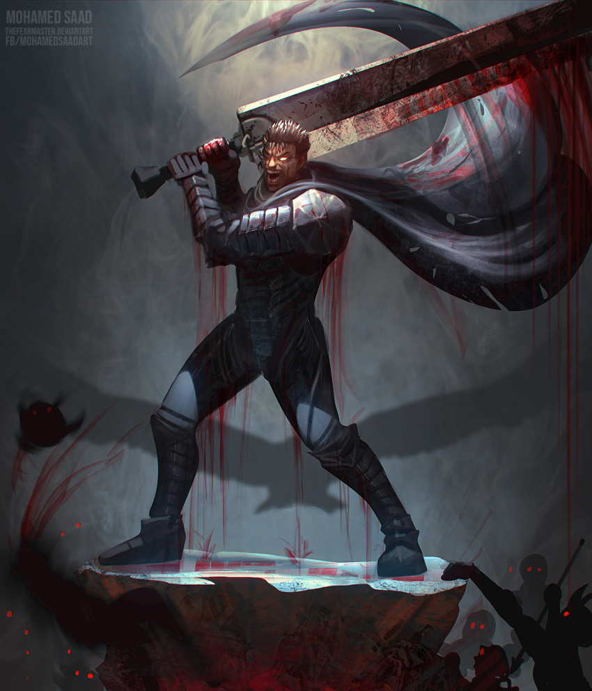 1boy armor artist_name berserk berserker_armor bfs black_cape blood blood_splatter cape deviantart_username dragonslayer_(sword) english_commentary facebook_username glowing glowing_eye greatsword guts_(berserk) highres holding holding_sword holding_weapon huge_weapon one-eyed red_eyes solo_focus sword thefearmaster two-handed_sword undead weapon white_eye