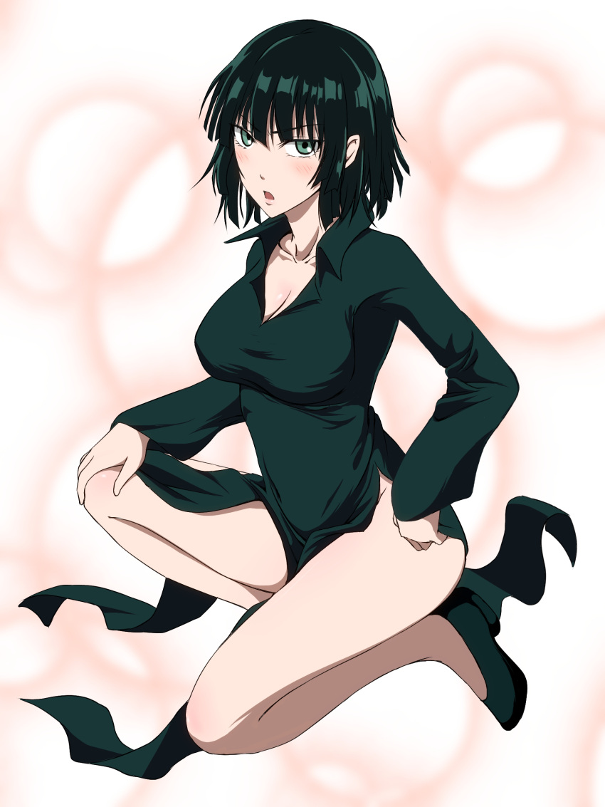 1girl absurdres black_hair blush bob_cut breasts cleavage cosplay dark_green_hair dress fubuki_(one-punch_man) green_eyes green_hair highres hugimosi large_breasts looking_at_viewer one-punch_man open_mouth short_hair simple_background solo tatsumaki tatsumaki_(cosplay)