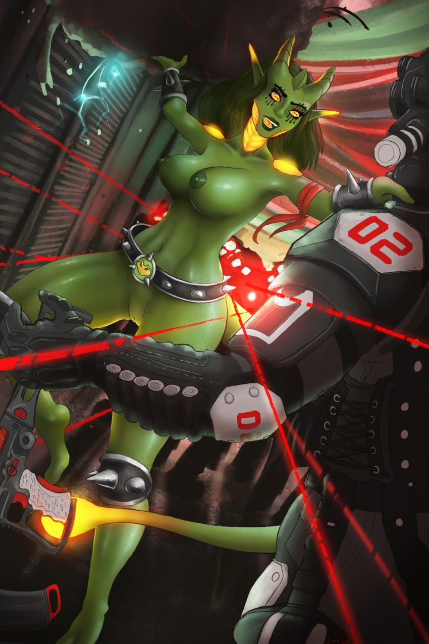 battletoads female glowing glowing_body glowing_eyes glowing_tongue green_body green_skin group hi_res horn humanoid laser male male/female natyss nude nyuunzi rareware skle special_forces tongue violence