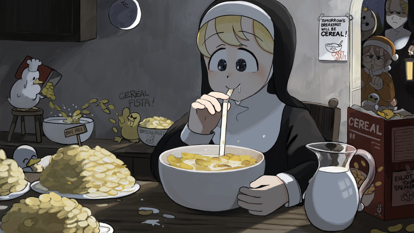 3girls barn_owl bendy_straw bird blonde_hair blue_eyes bowl brown_hair catholic cereal cereal_box chef_hat chicken clumsy_nun_(diva) commentary corn_flakes cupboard diva_(hyxpk) doorway drinking drinking_straw duck duckling english_commentary frown glasses glasses_nun_(diva) grumpy_nun_(diva) habit hat highres jug_(bottle) lantern little_nuns_(diva) milk mini_chef_hat mole mole_on_cheek multiple_girls night nun orange_headwear orange_pajamas owl pajamas peeking pitcher_(container) plate pointing poster_(object) pouring round_eyewear scowl shaded_face sleeping star_ornament typo writing_on_wall