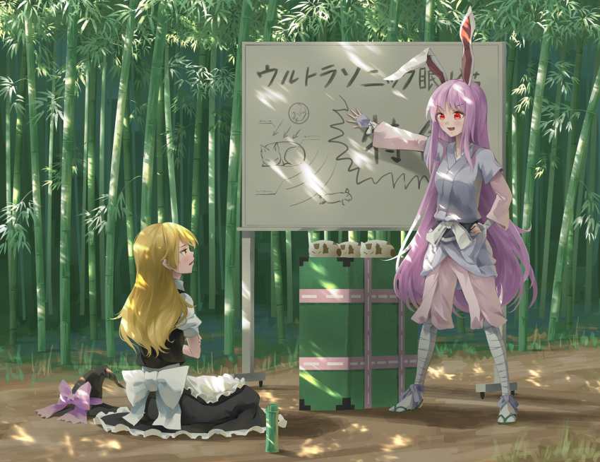 2girls alternate_costume animal_ears bamboo bamboo_bottle bamboo_forest bandaged_arm bandaged_leg bandages blonde_hair bow cat drawing forbidden_scrollery forest frilled_skirt frills hat hat_bow hat_removed headwear_removed highres kirisame_marisa long_hair long_sleeves moon multiple_girls nature official_alternate_costume open_mouth otomeza_ryuseigun purple_hair rabbit_ears rabbit_girl red_eyes reisen_udongein_inaba short_sleeves skirt touhou very_long_hair white_bow whiteboard witch_hat yellow_eyes