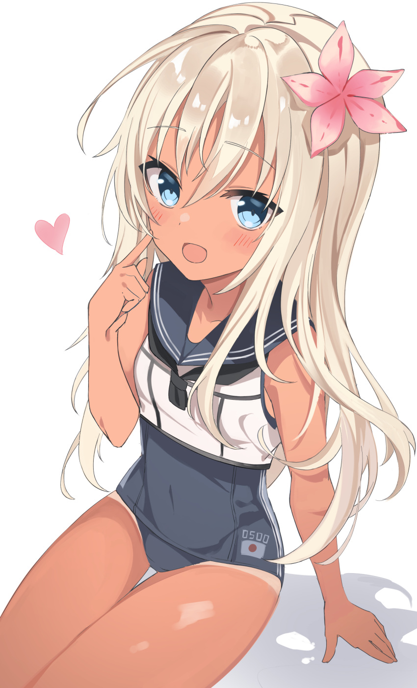 1girl :d absurdres azalea_(flower) black_neckerchief blonde_hair blue_eyes blue_sailor_collar breasts crop_top fathom finger_to_cheek flower hair_between_eyes hair_flower hair_ornament heart highres kantai_collection long_hair looking_at_viewer neckerchief one-piece_swimsuit pink_flower ro-500_(kancolle) sailor_collar school_swimsuit school_uniform serafuku shadow sitting small_breasts smile solo swimsuit tan tanlines white_background