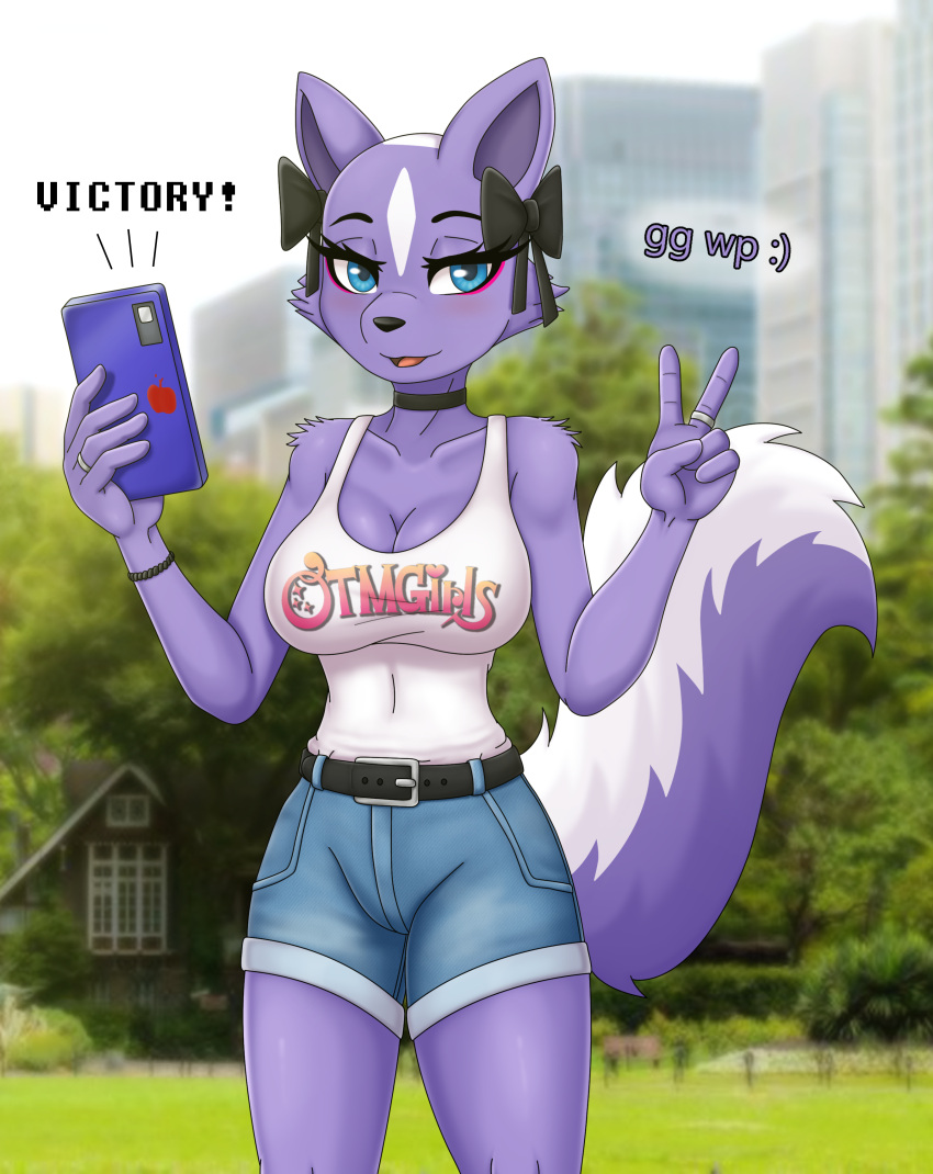 5_fingers absurd_res aggressive_retsuko anthro belt big_breasts big_tail blue_bottomwear blue_clothing blue_eyes blue_pants blush bottomwear bracelet breasts cellphone choker cleavage clothed clothing denim denim_clothing dialogue digital_media_(artwork) english_text eyebrows eyelashes female fingers fully_clothed fur gesture hi_res jewelry looking_at_viewer mammal mephitid mostlikelytowhatever multicolored_body necklace outside pants park phone photo_background portrait purple_body purple_fur ribbons ring sanrio shikabane skunk smile solo standing tail text text_on_clothing three-quarter_portrait topwear two_tone_body v_sign white_body white_fur