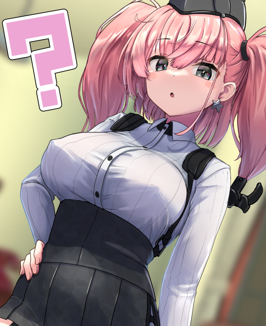 1girl ? atlanta_(kancolle) black_headwear black_skirt blush breasts brown_hair buttons collared_shirt covered_nipples earrings garrison_cap grey_eyes hand_on_hip hat high-waist_skirt highres jewelry kantai_collection large_breasts long_hair long_sleeves parted_lips pleated_skirt shirt single_earring skirt soba_chatarou_(tita) solo star_(symbol) star_earrings suspender_skirt suspenders two_side_up white_shirt