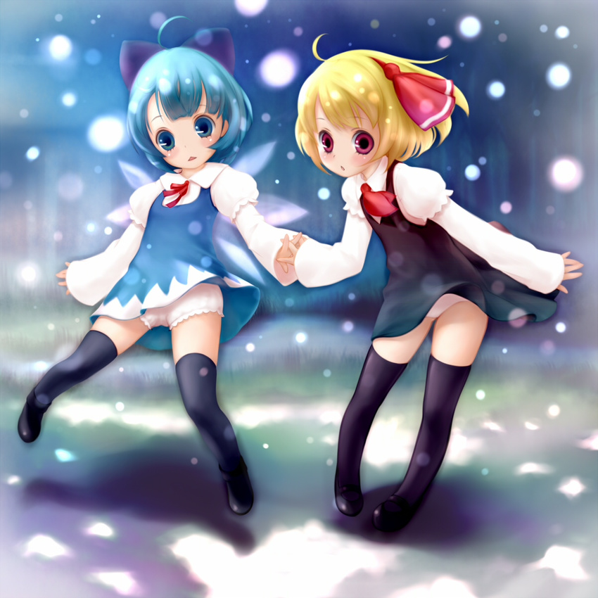 bloomers child cirno highres multiple_girls panties rumia snow thighhighs touhou underwear yori_(shitsuon)