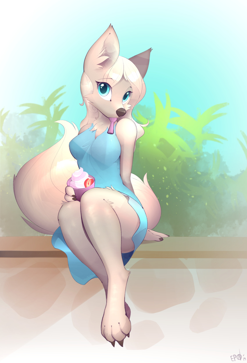 anthro b-epon big_breasts breasts canid canine canis clothing dress eating female fluffy food invalid_tag light mammal solo spoon summer wolf yogurt