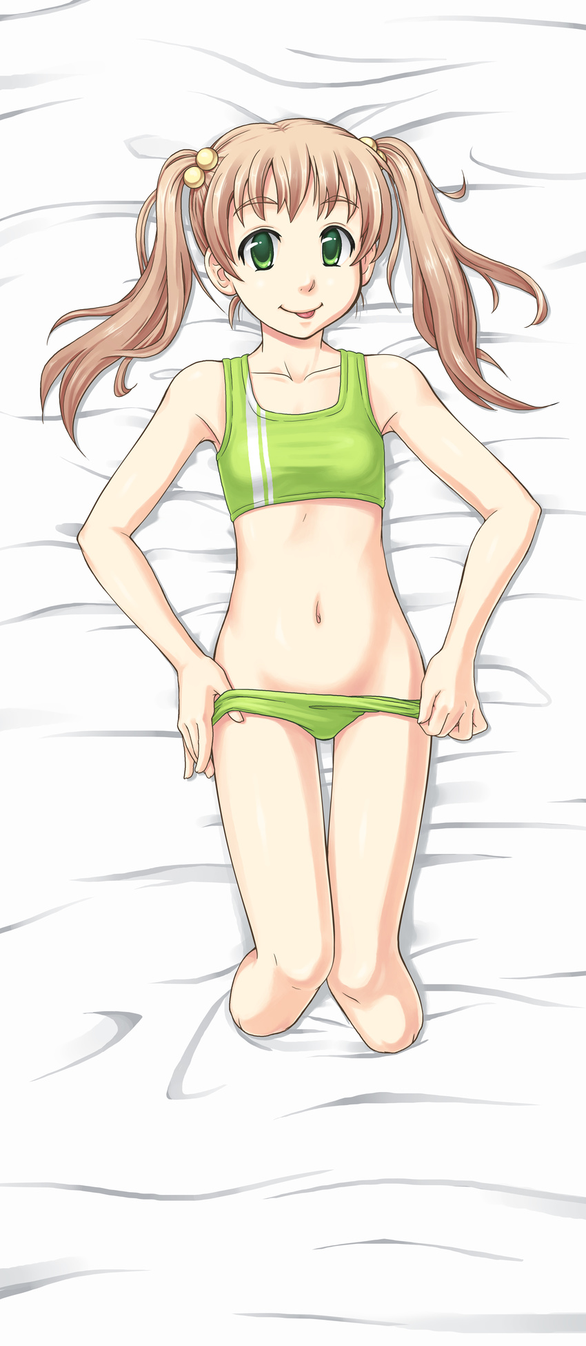 :p absurdres amputee bra commentary dakimakura double_amputee english_commentary flat_chest full_body hair_bobbles hair_ornament highres ibarazaki_emi incredibly_absurdres katawa_shoujo panties panty_pull pimmy solo sports_bra tongue tongue_out twintails underwear underwear_only undressing