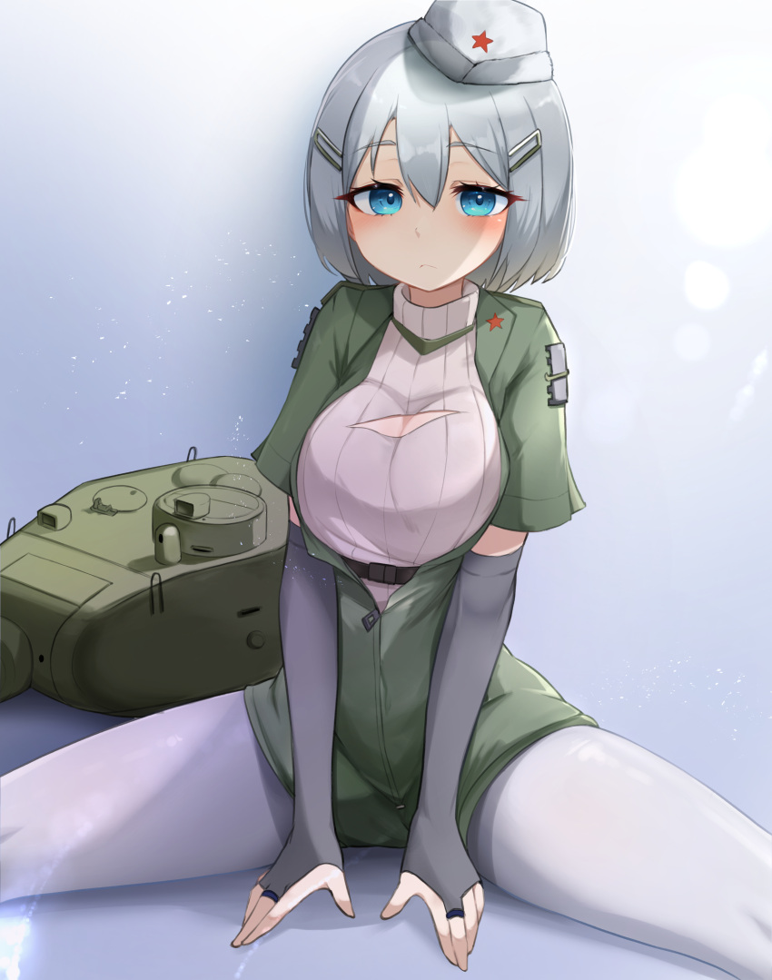 1girl absurdres blue_eyes blush breasts cleavage_cutout clothing_cutout daebom detached_sleeves garrison_cap gloves ground_vehicle hat highres large_breasts looking_at_viewer military military_vehicle motor_vehicle non-web_source open_clothes pantyhose personification red_star simple_background sitting source_request sweater t-34 t-34-85 tank thighhighs war_thunder white_hair