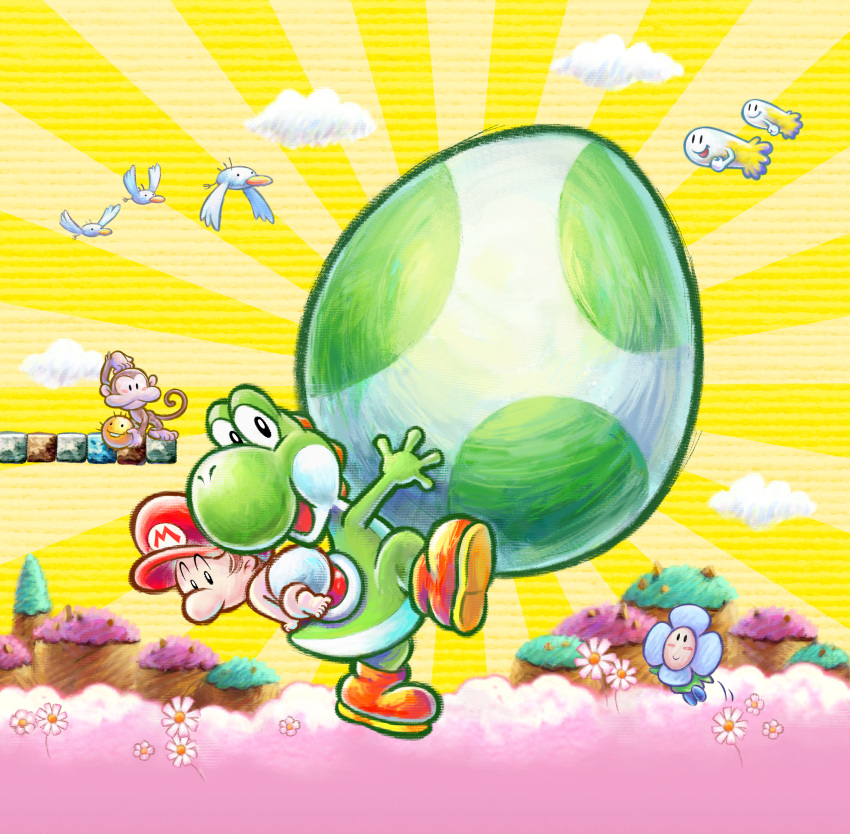 absurdres baby_mario boots brown_footwear cloud crazee_dayzee flower goonie hat highres mario_(series) official_art outdoors red_headwear yellow_sky yoshi yoshi's_new_island yoshi_egg