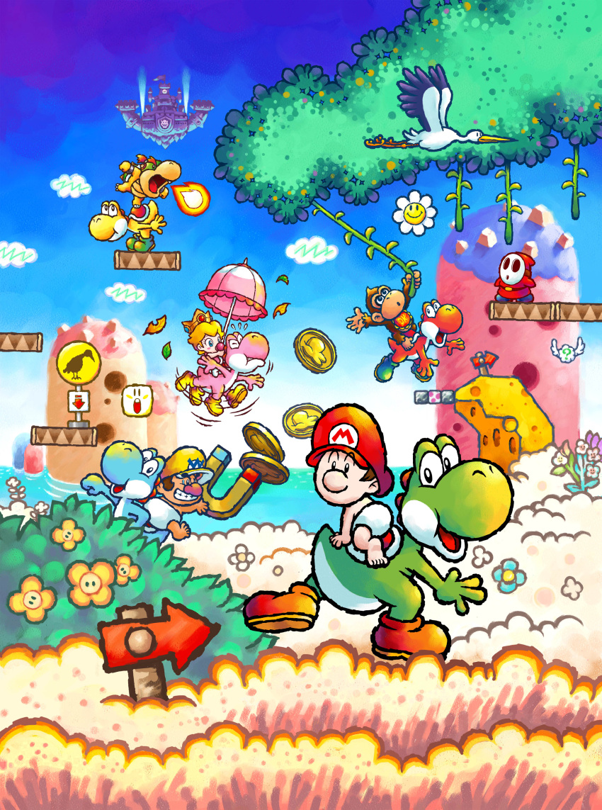 absurdres baby_bowser baby_donkey_kong baby_mario baby_peach baby_wario bird blue_sky boots brown_footwear coin crown diaper fireball flower green_footwear hat highres magnet mario_(series) official_art open_mouth parasol plant red_headwear shy_guy sky stork teeth umbrella vines yellow_footwear yellow_headwear yoshi yoshi's_island_ds