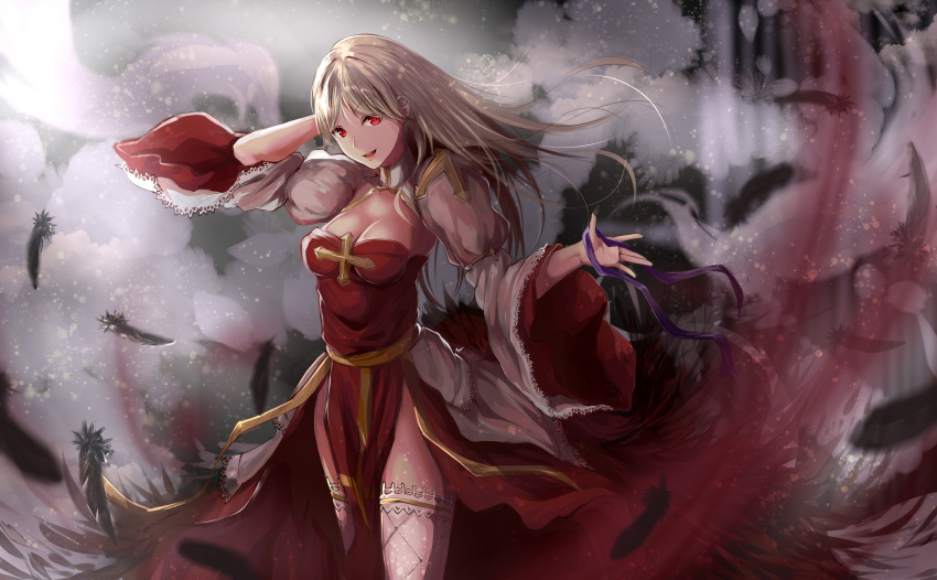 1girl :d arch_bishop_(ragnarok_online) arm_behind_head arm_up aura bangs bio_lab blonde_hair breasts cleavage dress feathers floating_hair grey_dress grey_feathers high_collar highres juliet_sleeves lace-trimmed_sleeves lace_trim long_hair long_sleeves looking_at_viewer margaretha_sorin medium_breasts parted_bangs pelvic_curtain puffy_sleeves ragnarok_online red_dress red_eyes red_pupils sail_(sail-away) side_slit smile solo standing teeth thighhighs two-tone_dress upper_teeth_only white_thighhighs