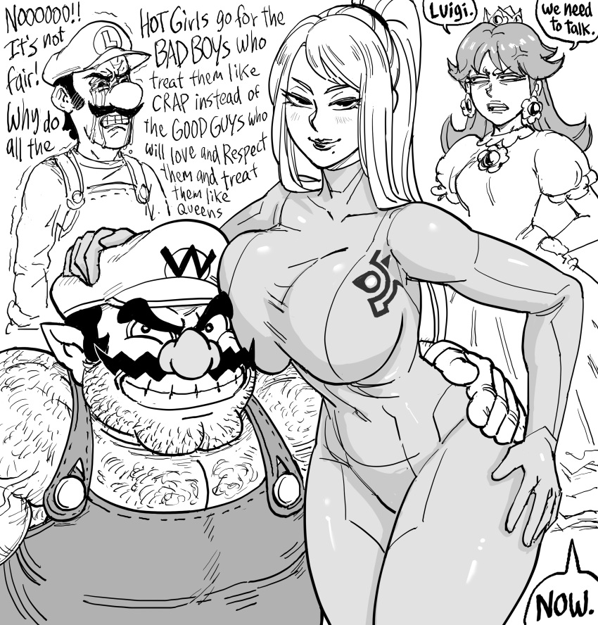 2boys 2girls absurdres anger_vein arm_around_waist arm_hair bb_(baalbuddy) bodysuit breasts chest_hair clenched_teeth closed_mouth couple covered_navel crown crying crying_with_eyes_open dress english_commentary english_text envy eyelashes facial_hair greyscale grin hairy half-closed_eyes hand_on_another's_head hand_on_another's_hip hand_on_hip hat height_difference hetero high_ponytail highres huge_breasts lips long_hair long_sleeves looking_at_another looking_at_viewer luigi mario_(series) metroid mole mole_under_mouth monochrome multiple_boys multiple_girls mustache no_shirt open_mouth overalls pectoral_cleavage pectorals pointy_ears princess_daisy samus_aran shirt short_hair short_sleeves smile streaming_tears stubble tears teeth turtleneck turtleneck_bodysuit v-shaped_eyebrows wario zero_suit