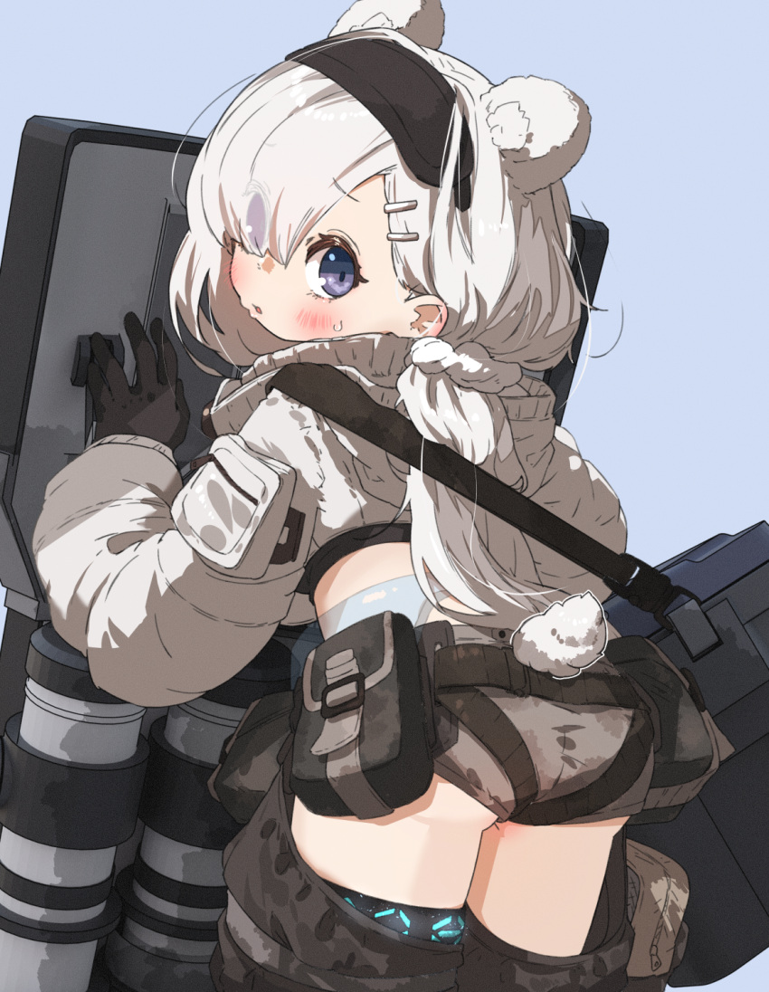 1girl amonitto animal_ear_fluff animal_ears arknights ass aurora_(arknights) bag bangs black_gloves black_hairband blue_background blush brown_shorts commentary_request cropped_jacket eyes_visible_through_hair from_behind gloves hair_ornament hair_over_one_eye hairband hairclip highres jacket long_hair long_sleeves looking_at_viewer looking_back parted_lips puffy_long_sleeves puffy_sleeves purple_eyes short_shorts shorts simple_background solo sweat tail tail_through_clothes very_long_hair white_jacket