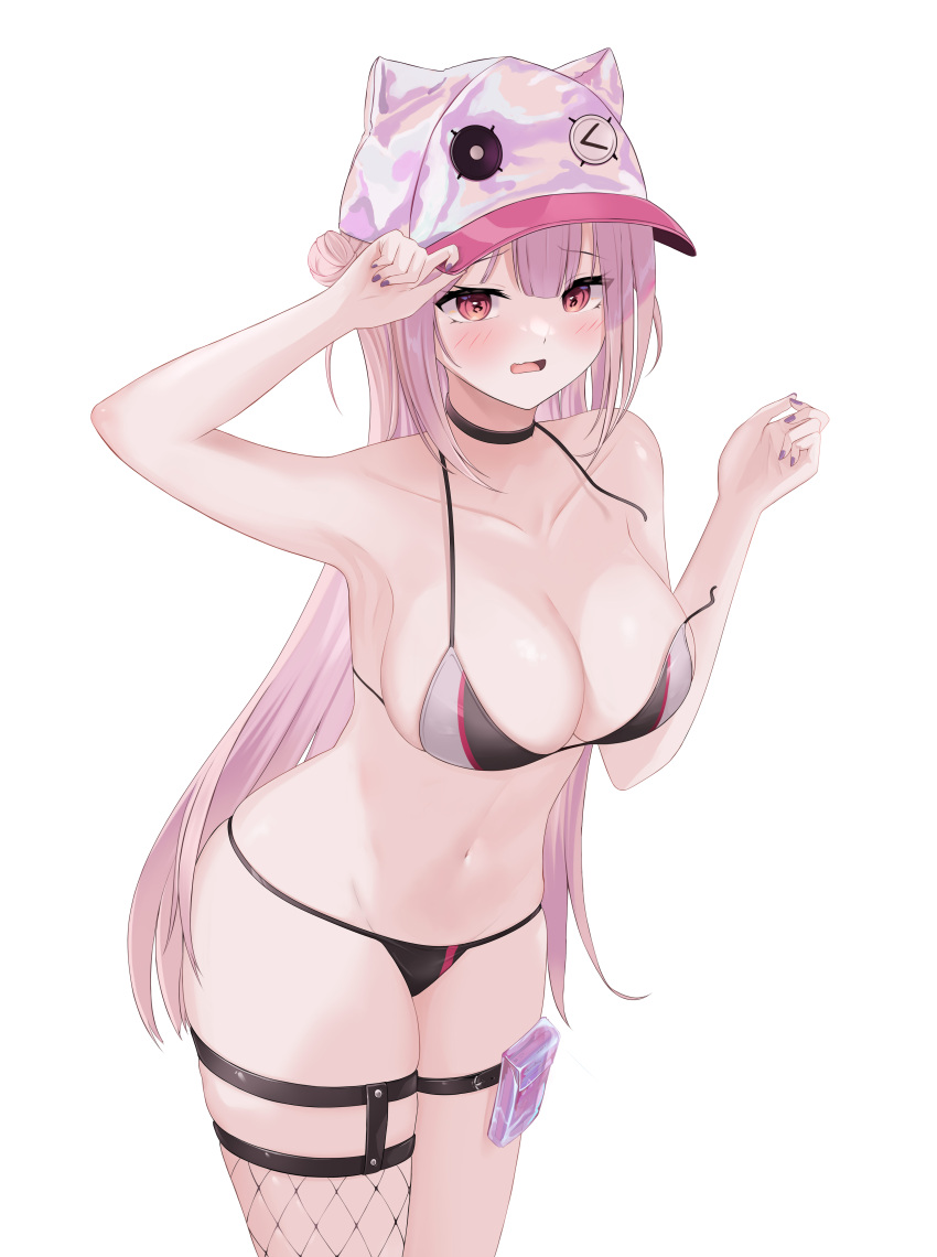 1girl absurdres animal_ear_headwear animal_hat arm_up armpits bare_shoulders bikini black_bikini black_choker blank1436 blush breasts cat_hat choker cleavage collarbone commentary_request embarrassed fishnet_thighhighs fishnets girls'_frontline hat highres holster large_breasts long_hair looking_at_viewer navel open_mouth pink_hair pink_headwear red_eyes simple_background solo swimsuit thigh_holster thigh_strap thighhighs ukm-2000_(girls'_frontline) ukm-2000_(soda_tale)_(girls'_frontline) untied untied_bikini wardrobe_malfunction white_background