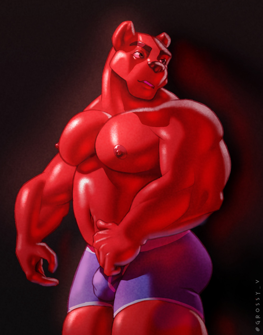 2023 absurd_res anthro barazoku bear belly biceps big_bulge big_muscles big_pecs black_background briefs bulge candy clothed clothing deltoids dessert eyebrows food food_creature glistening glistening_body grossy_v gummy_(food) gummy_bear_(food) hi_res huge_muscles living_candy male mammal muscular muscular_anthro muscular_male navel nipples pecs red_body simple_background smile solo standing text thick_thighs topless topless_anthro topless_male underwear url