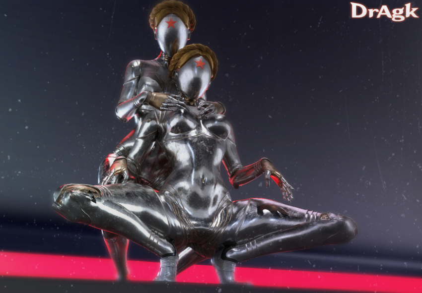 2023 5_fingers atomic_heart breasts crouching dragk duo faceless_character female fingers humanoid machine metallic_body navel not_furry nude robot robot_humanoid the_twins_(atomic_heart)
