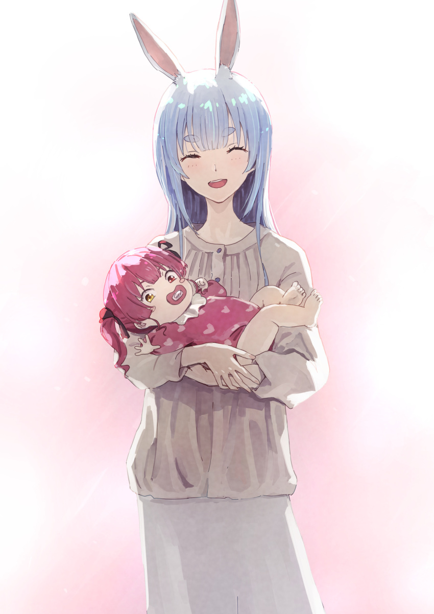 aged_down aged_up alternate_costume animal_ear_fluff animal_ears baby baby_carry blue_hair blush_stickers brown_shirt carrying closed_eyes commentary extra_ears facing_viewer highres hololive houshou_marine long_hair long_skirt long_sleeves looking_at_viewer open_mouth pacifier rabbit_ears red_hair shirt skirt symbol-only_commentary teeth thick_eyebrows upper_teeth_only usada_pekora virtual_youtuber white_skirt yami_ara