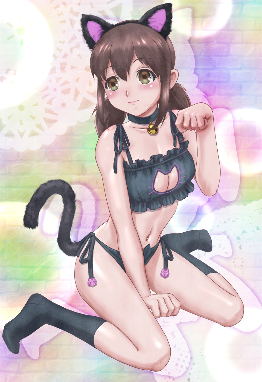 1girl absurdres animal_ears bangs bell black_bra black_choker black_panties black_socks bra breasts brown_eyes brown_hair cat_cutout cat_ear_panties cat_ears cat_lingerie cat_tail choker cleavage clothing_cutout doily fake_animal_ears fake_tail frilled_bra frills full_body highres katayama_minami looking_to_the_side low_twintails maruyama_musashi medium_breasts medium_hair meme_attire navel neck_bell panties paw_print side-tie_panties sitting socks solo tail twintails underwear wake_up_girls!