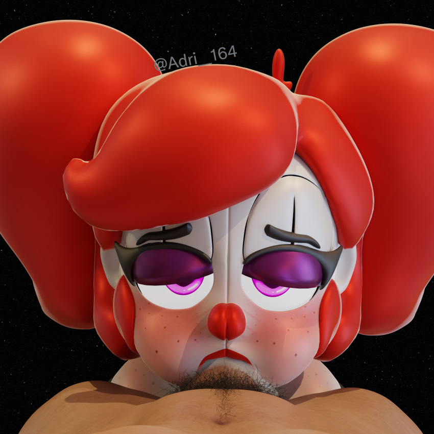absurd_res adri164 bodily_fluids circus_baby_(fnaf) cum cum_on_face duo ejaculation female five_nights_at_freddy's flushed full_mouth genital_fluids genitals hair half-closed_eyes hi_res humanoid humanoid_genitalia humanoid_penis male masturbation narrowed_eyes oral oral_masturbation penis puffed_cheeks purple_eyes red_hair red_nose scottgames white_body