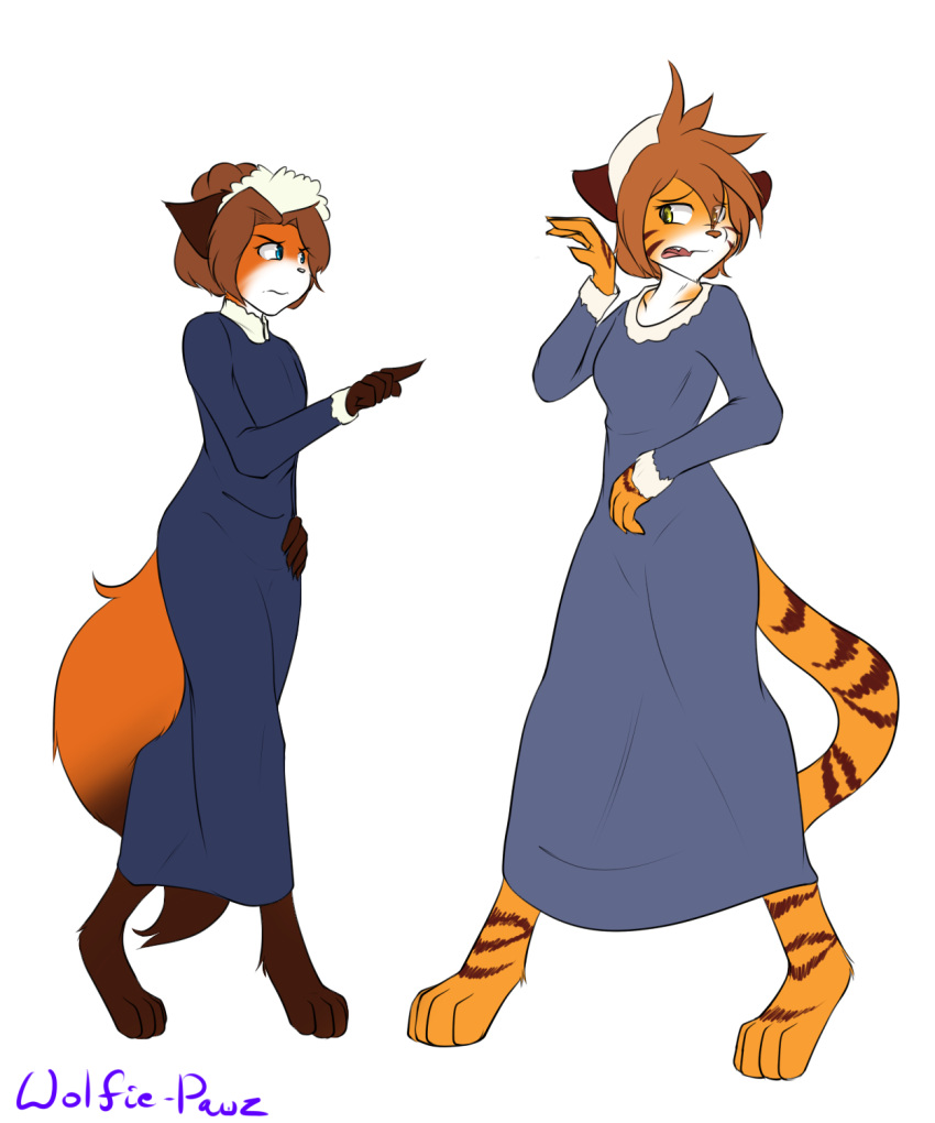 anthro barefoot black_body black_fur blue_eyes breasts canid canine clothing dress duo feet felid female fox fur gesture hi_res keidran maid_uniform mammal orange_body orange_fur pantherine pointing pointing_at_another standing stripes tiger twokinds uniform webcomic wolfie-pawz yellow_eyes