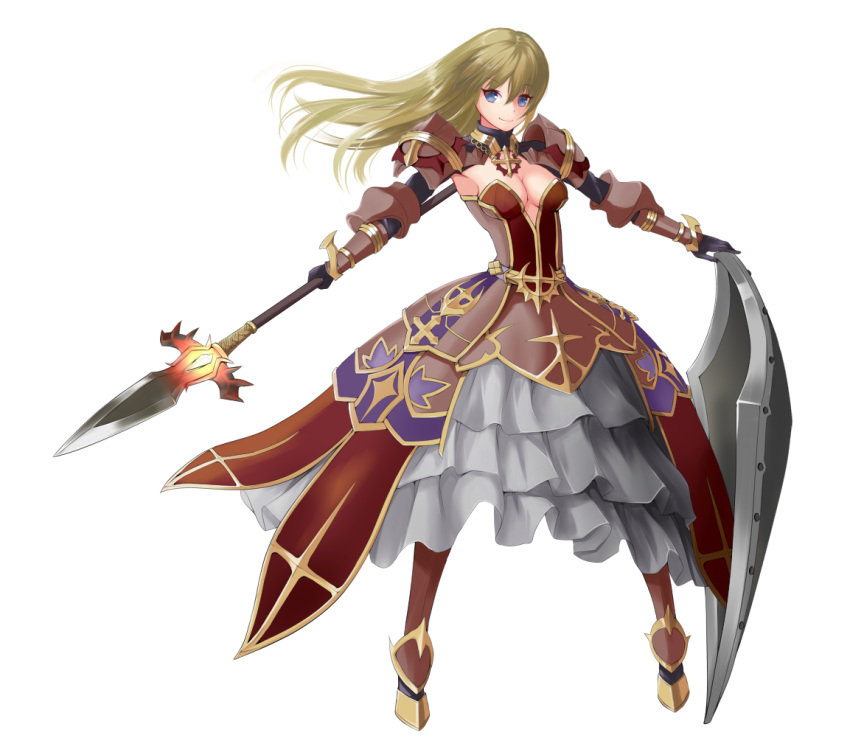 1girl armor armored_dress bangs blonde_hair blue_eyes breasts cleavage closed_mouth dress floating_hair full_body gold_trim hair_between_eyes holding holding_polearm holding_weapon legs_apart long_hair medium_breasts multicolored_clothes multicolored_dress polearm purple_dress ragnarok_online red_dress royal_guard_(ragnarok_online) sail_(sail-away) shield shoulder_armor shrug_(clothing) simple_background smile solo spear standing strapless strapless_dress turtleneck weapon white_background white_dress