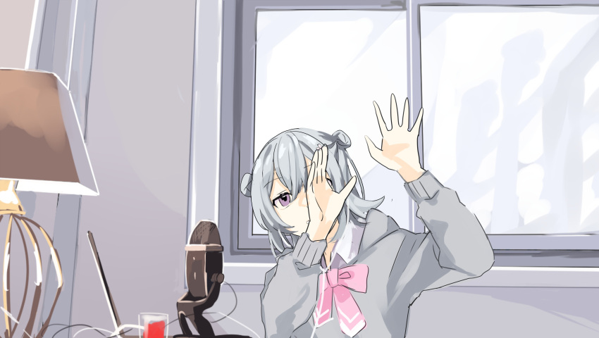 1girl 2ch absurdres arms_up bangs bow bowtie cevio collared_shirt computer cup desk_lamp desk_microphone double_bun drinking_glass grey_hair grey_hoodie hair_bun hand_over_face highres hood hoodie indoors koharu_rikka lamp laptop long_sleeves medium_hair microphone nishimura_hiroyuki_(2ch) pink_bow pink_bowtie purple_eyes shirt sitting solo synthesizer_v toudou_charo upper_body white_shirt window