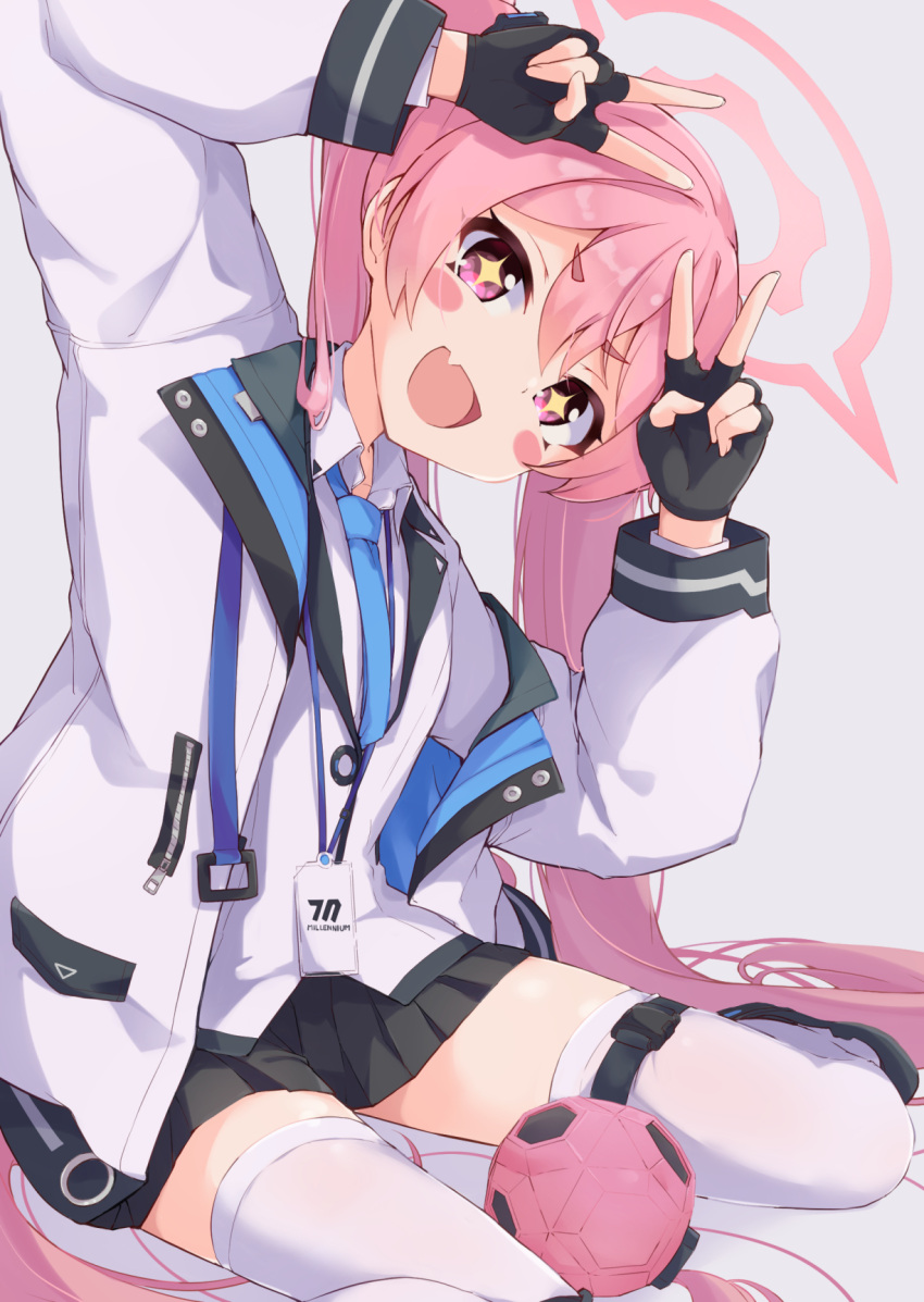 +_+ 1girl arms_up black_gloves black_skirt blue_archive blue_necktie blush collared_shirt double_v fang fingerless_gloves formal gloves grey_background hair_spread_out halo head_tilt highres id_card jacket koyuki_(blue_archive) lanyard long_sleeves necktie open_mouth pink_eyes pink_hair shirt simple_background sitting skin_fang skirt solar_milk solo suit thighhighs twintails two-sided_fabric two-sided_jacket v wariza white_jacket white_shirt white_suit white_thighhighs zettai_ryouiki