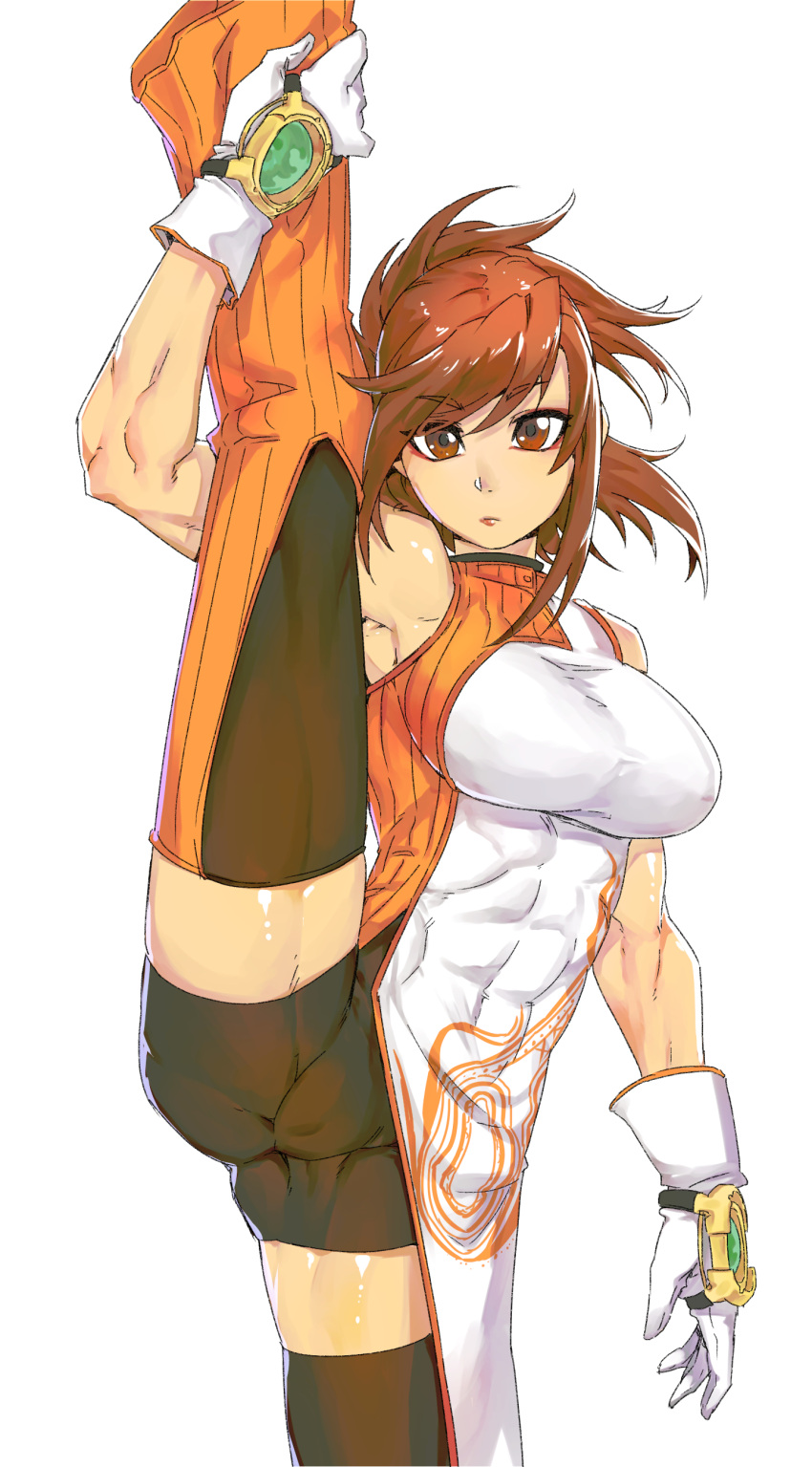1girl abs absurdres bangs bare_shoulders bike_shorts breasts brown_eyes brown_hair covered_abs dungeon_and_fighter fighter_(dungeon_and_fighter) gloves highres large_breasts leg_up lips minew muscular muscular_female navel nose orange_pants orange_shirt pants ponytail shirt solo striped striped_pants two-tone_shirt white_gloves white_shirt