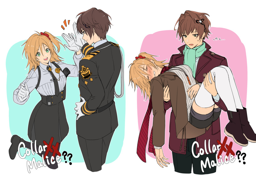 1boy 1girl black_jacket black_necktie black_skirt brown_hair carrying cezaria collar_x_malice genderswap genderswap_(mtf) green_eyes hair_ribbon half_updo hetero highres hoshino_ichika_(collar_x_malice) jacket long_sleeves mole mole_under_eye necktie orange_hair princess_carry ribbon saeki_yuzuru shirt short_hair shorts side_ponytail skirt thighhighs white_shirt