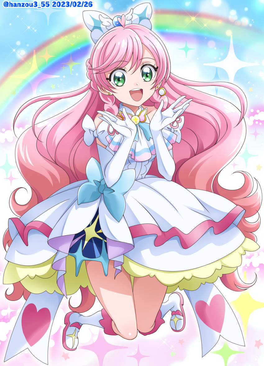 1girl ascot boots bow braided_sidelock brooch cure_prism dated dress earrings elbow_gloves glove_bow gloves green_eyes hair_bow hanzou heart highres hirogaru_sky!_precure jewelry long_hair magical_girl nijigaoka_mashiro open_mouth pink_hair precure rainbow smile solo twitter_username white_ascot white_dress white_gloves wing_brooch