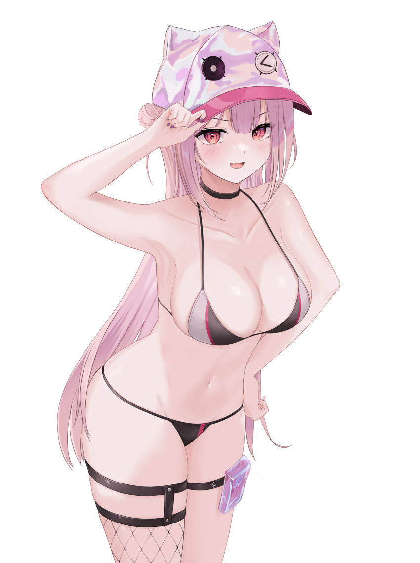 1girl :d absurdres adjusting_clothes adjusting_headwear animal_ear_headwear animal_hat arm_up armpits bare_shoulders bikini black_bikini black_choker blank1436 blush breasts cat_hat choker cleavage collarbone commentary_request fang fishnet_thighhighs fishnets girls'_frontline hat highres holster large_breasts long_hair looking_at_viewer navel open_mouth pink_hair pink_headwear red_eyes simple_background smile solo stomach swimsuit thigh_holster thigh_strap thighhighs ukm-2000_(girls'_frontline) ukm-2000_(soda_tale)_(girls'_frontline) white_background