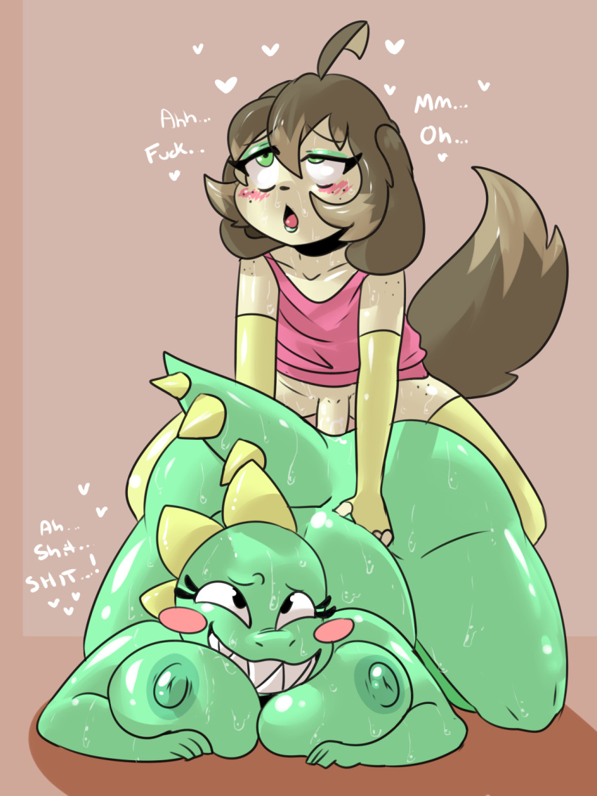 anal anal_penetration anthro big_breasts blush bodily_fluids breasts canid canine canis dinosaur domestic_dog duo female girly hi_res humanoid male male/female mammal penetration percey percey_(character) reptile scalie sweat text